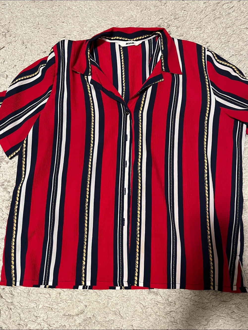 Alia Red, Navy & White Striped Short-Sleeve Button-Down Top